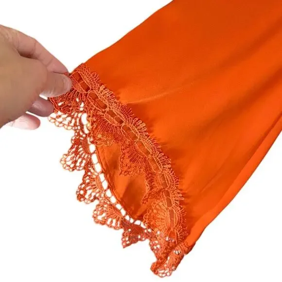Neiman Marcus Solid Orange V-Neck Crochet Lace Sleeve Blouse Women’s Size Medium - Picture 5 of 8